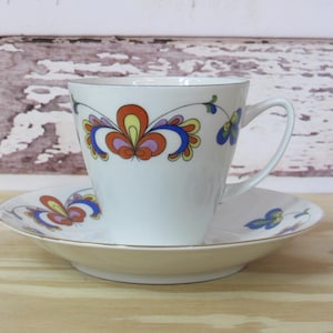Portsgrund Norway Bone China Decorative Teacup & Saucer - #60 Farmer&#39;s Rose / Bondemonste Pattern - Vintage Norwegian Tea Cup and Plate Set