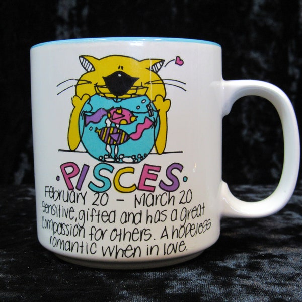 1990s Yellow, The Cat "PISCES" Coffee Mug, February 20-March 20 by Dynamic Design Studios, Horoscope Ceramic Cup fr Papel Freelance Korea