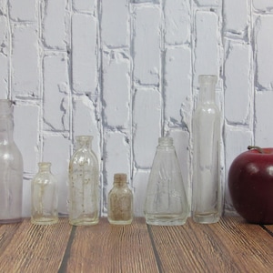 6 mini antique bottles - tiny old bottle lot - miniature purple glass, medicine, etc. - little glass bottle group
