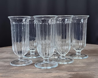 6 vintage Indiana Glass pedestal parfait w a ribbed or paneled design - 5.5" clear glass fluted tulip shape 4-5.5oz sundae dessert glasses