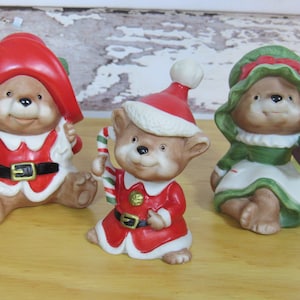 VTG HomeCo HOMCO Figurines #5600 Christmas Bears - Boy, Girl & Child Bear w Candy Cane - Set of 3 Home Co Home Interior Xmas Knick Knacks