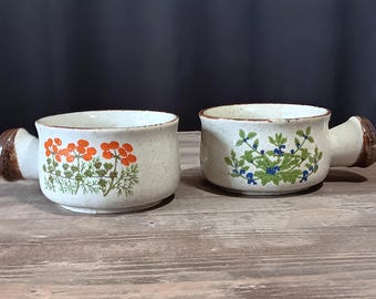 2 Vintage Stoneware Soup Bowls w Handles - Takahashi clone? Orange & Purple Herbs Design Brown Speckled Glazed Pottery Retro Cereal Mug Pair