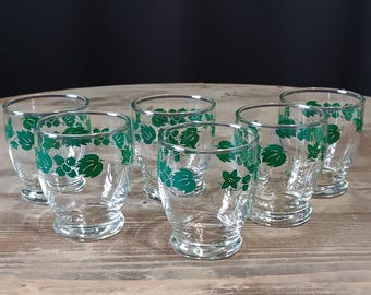 6 Pyrex Green Gooseberry 2.25" Juice Glasses - 1950s Anchor Hocking Tiny Vintage Glass Water Tumblers w Dark Green Ivy Design, Set of 6