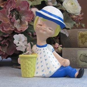 tiny ceramic figurine vase - retro hand painted little girl w basket mini bud vase - blond child in blue & white hat n shirt unique folk art