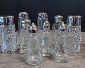 9 Vintage Salt and Pepper Shakers Mixed Lot - Clear Glass, Silver Steel Metal Caps, 4 Styles: Diner, Etched n Pressed Glass, S&P Shaker Sets