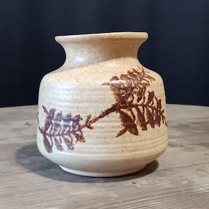 Vintage Pottery Craft Stoneware Vase Designed by Robert Maxwell - mid-century decor accent piece w a speckled tan glaze & a brown fern motif