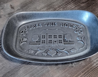 Wilton Armetale "Bless This House" Bread Tray - Vintage Country Home Decor 9"x6" Rectangle Cast Aluminum Metal Pewter- Like Platter w Sides