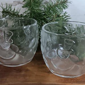 Crystal Clear KIG Indonesia Snowman Votive Candle Holder Pair - 2 Lg Vintage Clear Glass Cups Bowls Winter Snow Snowflake Décor fr Indonesia