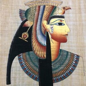 May include: A colorful papyrus painting depicting an Egyptian figure in profile. The figure wears a detailed headdress with a bird, a beaded collar, and elaborate ear jewelry. The artwork features a palette of gold, red, blue, and green hues.