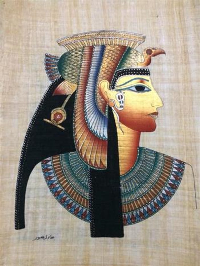 May include: A colorful papyrus painting depicting an Egyptian figure in profile. The figure wears a detailed headdress with a bird, a beaded collar, and elaborate ear jewelry. The artwork features a palette of gold, red, blue, and green hues.