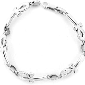 May include: A silver-toned metal link bracelet featuring a repeating pattern of ankh symbols. The bracelet is circular in shape and includes a lobster claw clasp mechanism at the top, connecting the two ends of the chain securely together.