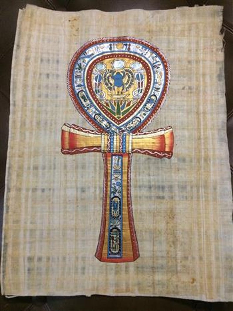 May include: Ankh symbol art print on papyrus. The ankh is a cross with a loop at the top, featuring intricate details in red, gold, blue, and green. The background is a light tan color.