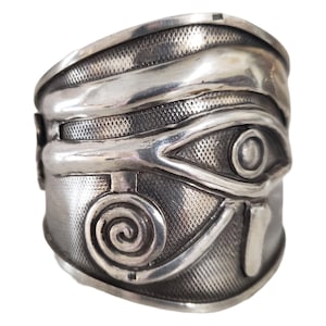 Kemet Art Egyptian Jewelry Sterling Silver 925 Eye of Horus & Ankh Adjustable Bangle 3 inches High