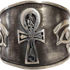 Kemet Art Egyptian Jewelry Sterling Silver 925 Eye of Horus Ankh Adjustable Bangle