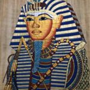 May include: A colorful papyrus painting depicts a pharaoh with a gold face, wearing a striped headdress and collar. The artwork features blue, gold, and red hues, with intricate details in the pharaoh's attire and accessories.