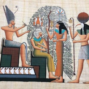 May include: An Egyptian papyrus painting depicting figures in ancient attire. The artwork features a seated figure with a tall headdress, a woman in an orange dress, and a figure with a bird-like head. The scene is set against a backdrop of a tree.