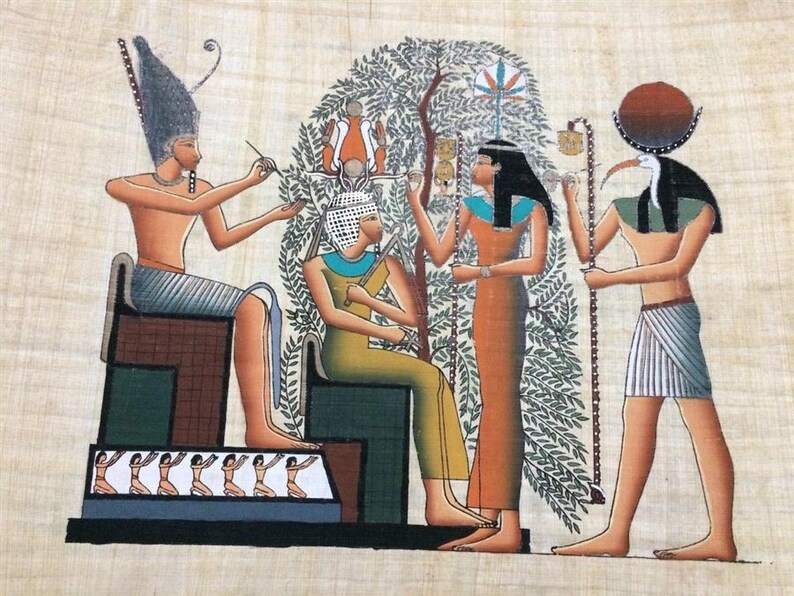 May include: An Egyptian papyrus painting depicting figures in ancient attire. The artwork features a seated figure with a tall headdress, a woman in an orange dress, and a figure with a bird-like head. The scene is set against a backdrop of a tree.