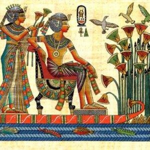 May include: An Egyptian papyrus painting depicts a pharaoh seated on a throne, attended by a figure. The artwork features vibrant colors, including red, blue, green, and gold. Birds and lotus flowers are also present, showcasing ancient Egyptian art.
