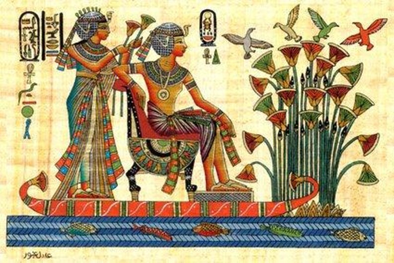 May include: An Egyptian papyrus painting depicts a pharaoh seated on a throne, attended by a figure. The artwork features vibrant colors, including red, blue, green, and gold. Birds and lotus flowers are also present, showcasing ancient Egyptian art.