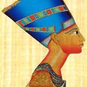May include: A colorful illustration of a bust of Nefertiti, the Great Royal Wife of the Egyptian Pharaoh Akhenaten. The bust features a blue crown with striped details, a golden face, and a red neck. The bust is set on a square base.