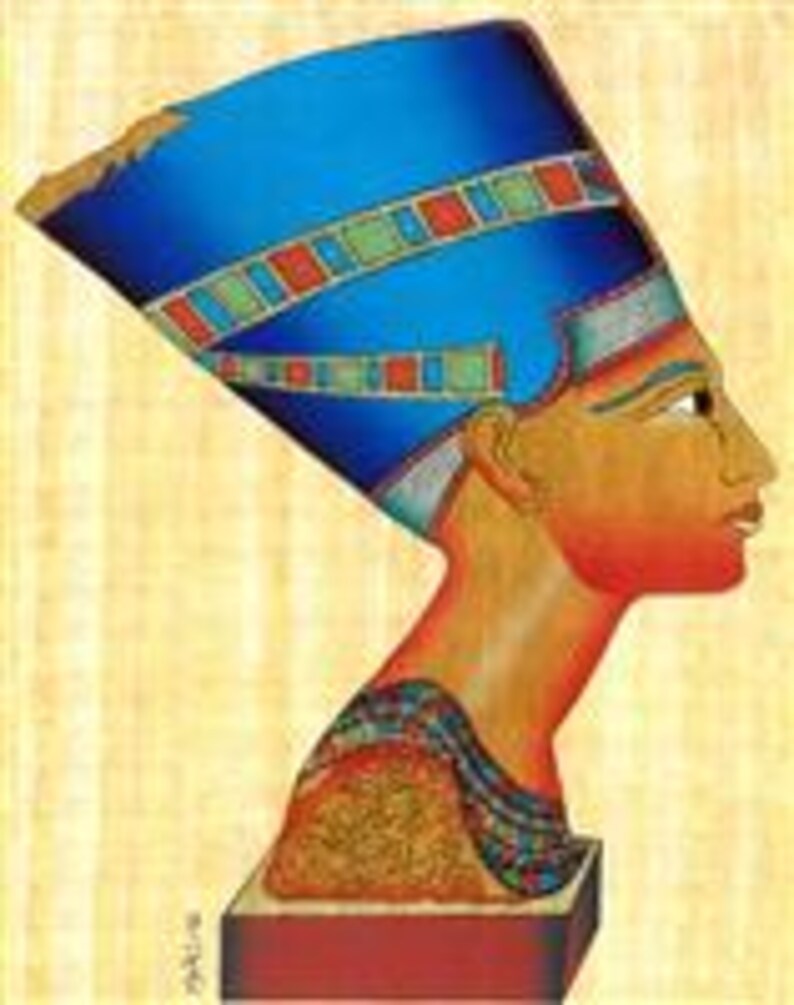 May include: A colorful illustration of a bust of Nefertiti, the Great Royal Wife of the Egyptian Pharaoh Akhenaten. The bust features a blue crown with striped details, a golden face, and a red neck. The bust is set on a square base.