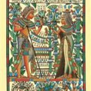 May include: A colorful papyrus painting depicting ancient Egyptian figures. The artwork features a man and woman adorned in traditional attire, surrounded by stylized flora and hieroglyphs. The painting is framed with decorative borders.