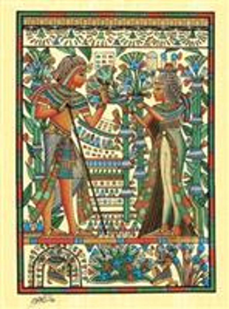 May include: A colorful papyrus painting depicting ancient Egyptian figures. The artwork features a man and woman adorned in traditional attire, surrounded by stylized flora and hieroglyphs. The painting is framed with decorative borders.