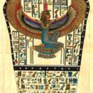 May include: A colorful Egyptian papyrus featuring a winged goddess with outstretched wings, a headdress, and hieroglyphs. The artwork displays a palette of blues, reds, yellows, and browns, with intricate details and a rectangular shape.