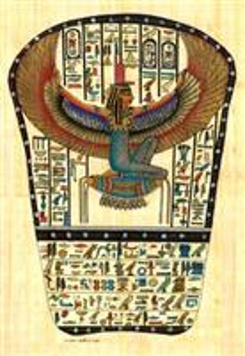 May include: A colorful Egyptian papyrus featuring a winged goddess with outstretched wings, a headdress, and hieroglyphs. The artwork displays a palette of blues, reds, yellows, and browns, with intricate details and a rectangular shape.
