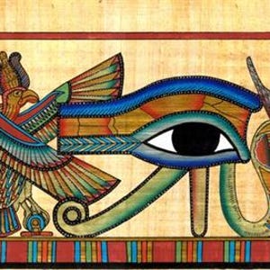 May include: A colorful Egyptian papyrus painting featuring the Eye of Horus, a symbol of protection and royal power. The eye is detailed with blue, green, and gold, with a black pupil. A falcon-headed figure is on the left, and the background is a tan color.