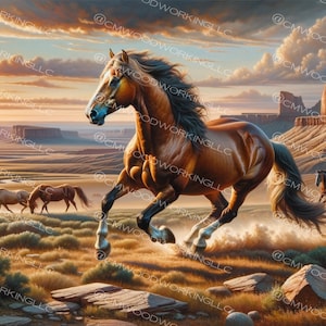 Canvas Print of Mustang horse/ Wild West Landscape, Horse Gifts, Horses Prints, Gifts for family