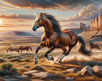 Canvas Print of Mustang horse/ Wild West Landscape, Horse Gifts, Horses Prints, Gifts for family