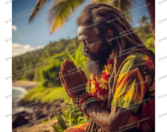 Opgeheven rastafari-man aan het bidden op het strand | Sublimatieontwerp | Digitaal downloadbestand PNG JPEG | Reggae | dreadlocks | Irie