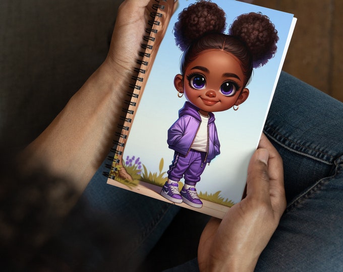 Featured listing image: Notebook with Adorable Girl in Purple Outfit Design - Perfect for Notes and Sketches
