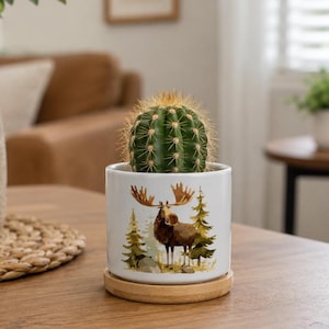 May include: A cylindrical white ceramic planter featuring a graphic illustration of a brown moose standing in a forest of green pine trees. A round green cactus with sharp spines sits inside the pot, which rests on a circular light wood base.