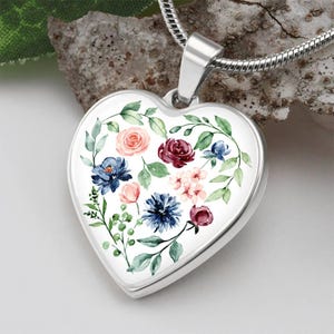 Personalized Heart Pendant Necklace: Watercolor Floral Jewelry, 18k Gold Finish