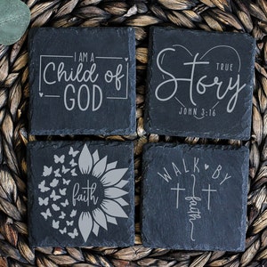 Christian Quotes Coaster Set, Engraved Gift For Home, Inspirational Home Decor, Square Slate Natural Coaster Set Of 4, Drink Ware