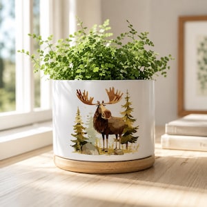 May include: A white cylindrical ceramic planter featuring a graphic illustration of a brown moose standing in a forest with green pine trees and rocks. The planter sits on a circular light-colored wooden base and contains a lush green plant.