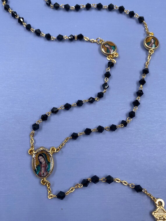 Virgin Mary Black Diamond and Gold Rosary Necklace / Collar
