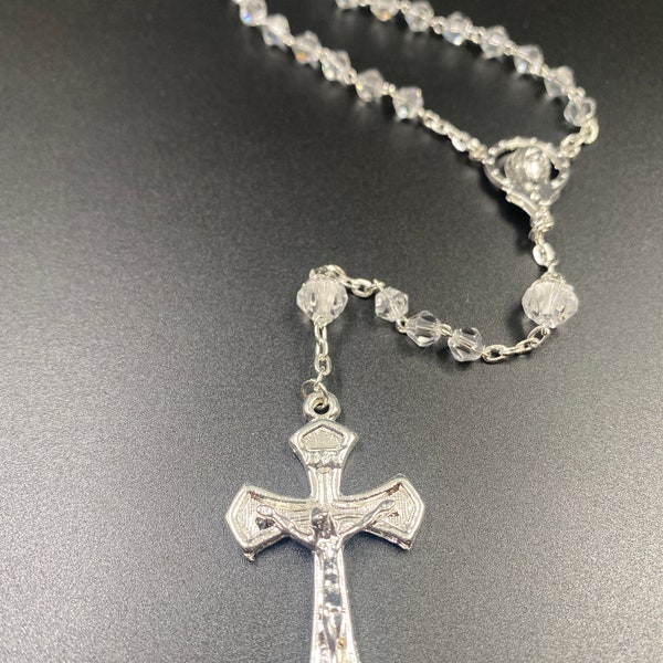 Silver Plated Crystal Mercy Rosary 18" 20g | Rosario de Misericordia hecho de metal en bano de plata y crystal diamante 18"