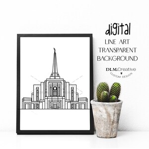 May include: Black and white line art print of a temple building in a black frame. The print is on a white background and is sitting on a white surface. A small potted cactus is to the right of the frame. The text "digital line art transparent background DLM.Creative custom design" is in the upper right corner of the image.