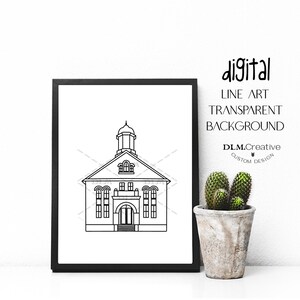 Puede incluir: Ilustración en blanco y negro de línea de arte de un edificio de iglesia con un campanario. La imagen está en un marco negro y sobre un fondo blanco. El texto "digital line art transparent background DLM.Creative custom design" es visible en la imagen.