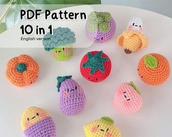 May include: A set of 10 crochet amigurumi patterns for making cute fruit and vegetable characters. The patterns are available in PDF format and include English instructions. The characters include a strawberry, a lemon, a banana, a broccoli, an aubergine, a peach, an orange, a tomato, a pepper, and a plum.