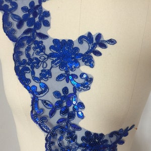 Renda azul royal extra larga de 16 cm com lantejoulas, renda de noiva, renda Alençon, renda recortada vintage para casamento, renda para véu de noiva