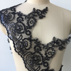 Acabamento em renda marfim, acabamento em renda de lantejoulas pretas, acabamento em renda francesa, renda Chantilly, renda de noiva, renda de casamento, renda branca