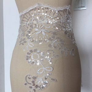 Extra brede bruidskant met pailletten van 40 cm gebroken witte kanten applicatie allencon kant met lovertjes kant bruiloft trim kant, bruidsjurk kant