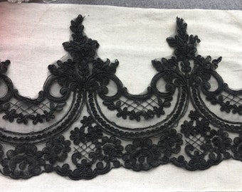 Black Alencon Lace Trim, Black Corded Lace Trim, Pure White Lace Trim, Ivory Wide Bridal Lace Trim
