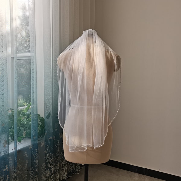 Single Layer Veil Short Bridal Veil White Or Ivory Tulle Handmade Beaded Edge Beautiful Wedding Veil Bride Headpiece