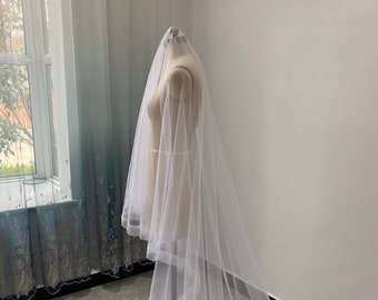 Transparent Satin Ribbon Wedding Veil Simple Bridal Wwedding Veil White Cathedral Length Veil Ivory Ttulle Ribbon Wedding Veil