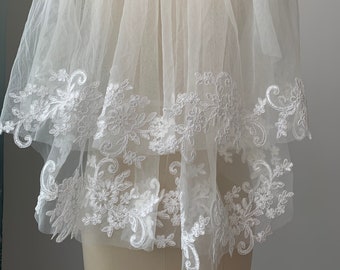 Lace Applique Veil White Or Ivory Two Layer Wedding Veil Soft Tulle Veil Bridal Veil Elbow Veil